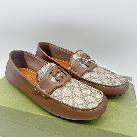 Gucci Supreme GG Interlocking Loafer Driving Shoes Mens Brown UK 10.5 US 11 - Picture 5 of 15